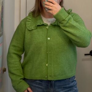 The Ainsley Ruffle-Collar Cardigan Sweater by Self Contrast - Green - XL